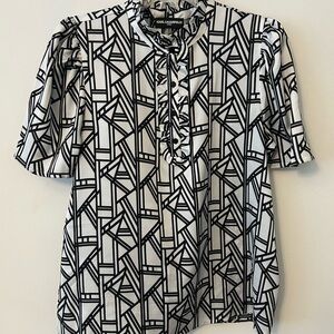 Karl Lagerfeld Black & White Geometric Ruffle Front Blouse